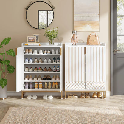 Tribesigns White Shoe Cabinets with Doors, 5-Tier Shoe Rack, Wood Storage Cabinet for Bedroom Hallway Living Room
