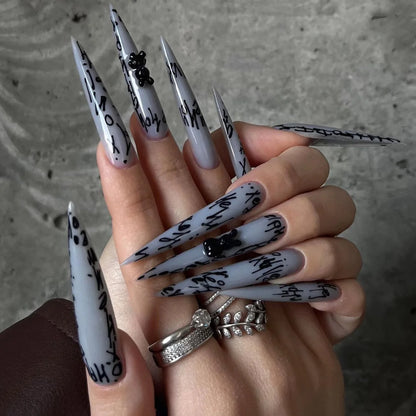 24Pcs Horror Comic Tomie Press on Nails – Almond Glossy Black Japanese Anime Nails, Reusable Halloween False Nail Tips