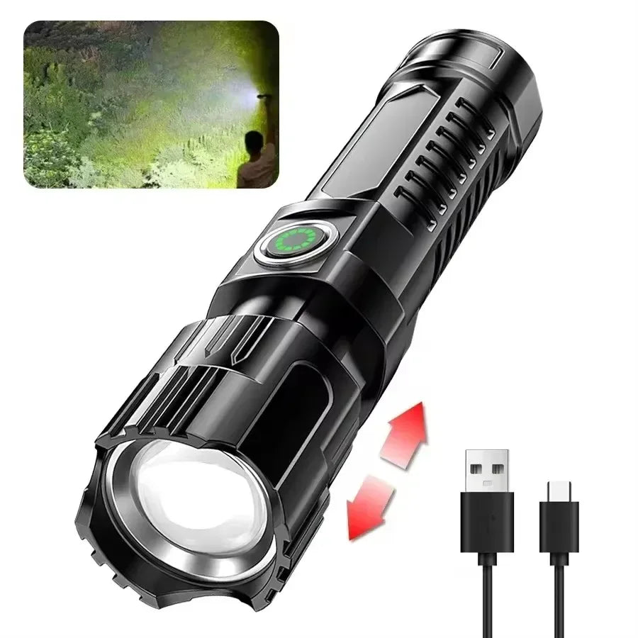 High Power 2000LM LED Flashlight Built-in Battery USB Rechargeable Strong Light Tactical Torch Outdoor Camping Hiking Lantern - Urbizia