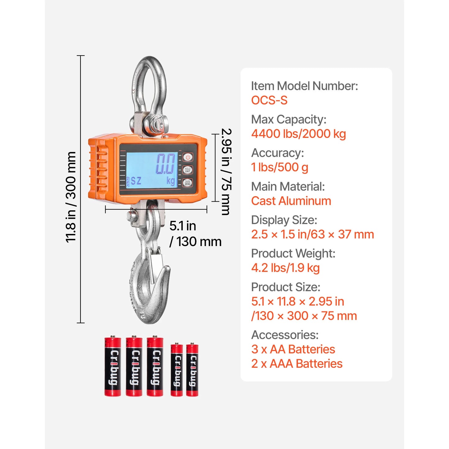 SucceBuy 1000kg/2000kg Digital Hanging Scale Portable with Remote Control Factory Crane Scale LCD Backlight Industrial Scales