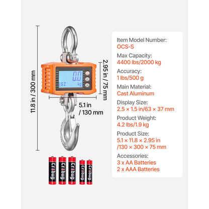 SucceBuy 1000kg/2000kg Digital Hanging Scale Portable with Remote Control Factory Crane Scale LCD Backlight Industrial Scales