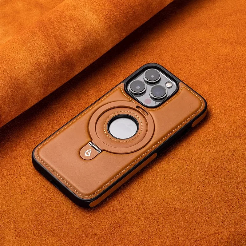 Luxury Leather Metal Magnetic Ring Stand Magsafe Case For iPhone 17 16 15 14 13 12 Pro Max Plus 17Air Business Hollow Logo Cover