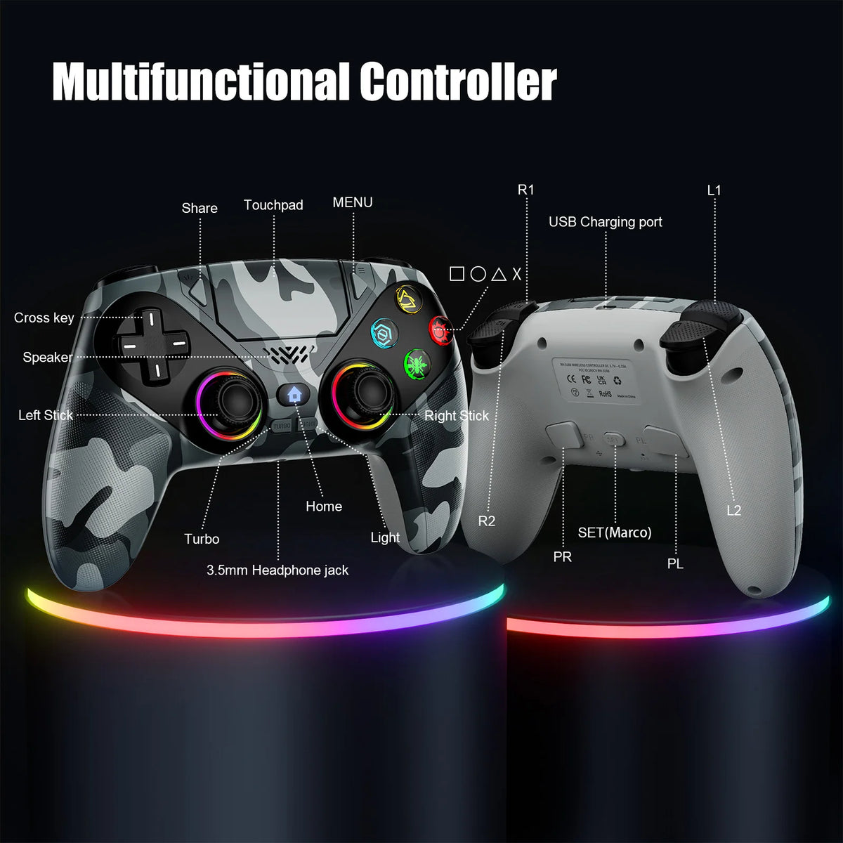 Controller For Playstation 5 PS5/PS5 Pro/Slim/PC,RGB Wireless Gamepad W/Hall Effect Trigger Marco/Turbo Anti-Drift Game Joystick