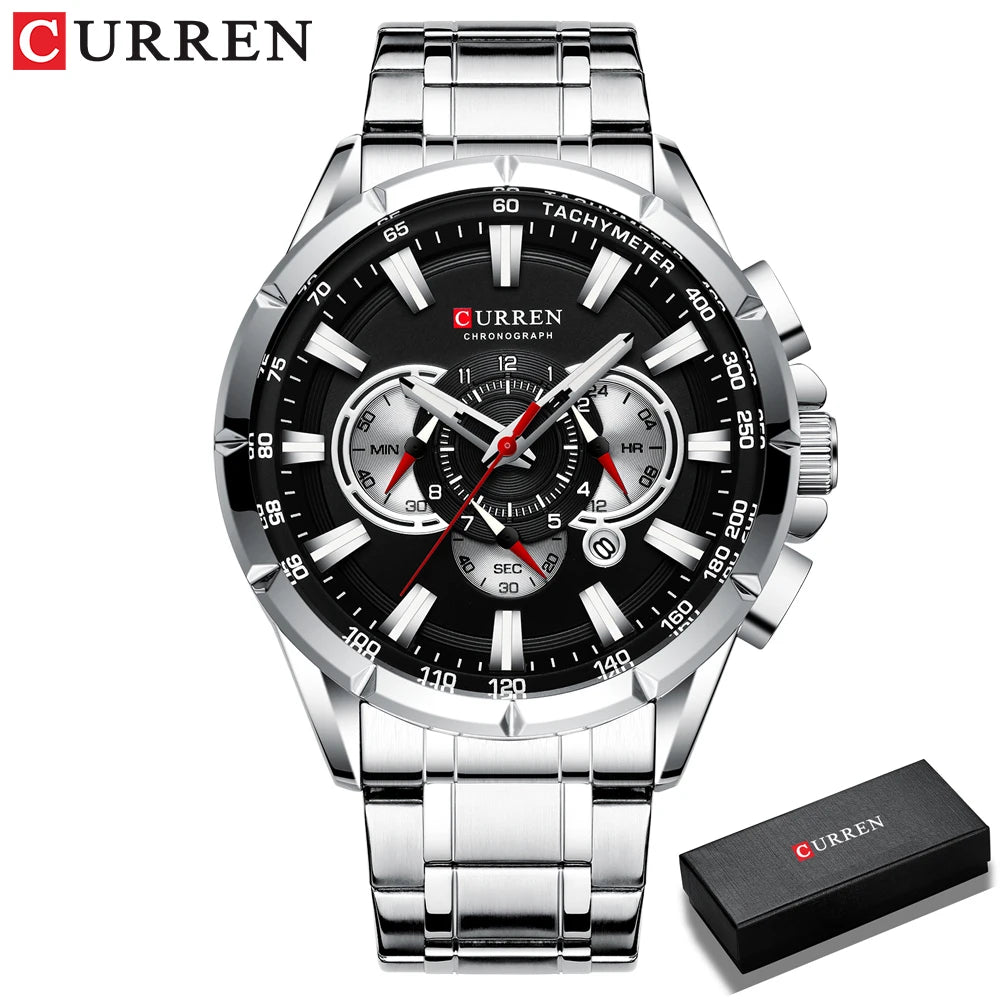 CURREN 8363 Casual Sport Chronograph Men's Watches Stainless Steel Band Wristwatch Big Dial Quartz Clock with Luminous Pointers