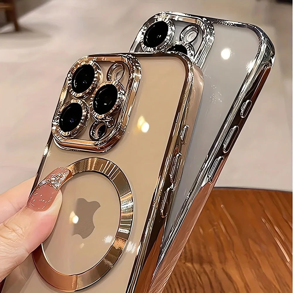 Fashion Electroplated Color Frame Magnetic Phone Case for iPhone 18/17/16/15/14/13/12/11 Pro/Pro Max/Air/Plus | Ultra-Thin & Shockproof with Crystal Clear Back, Built-in Lens Protection & Wireless Charging