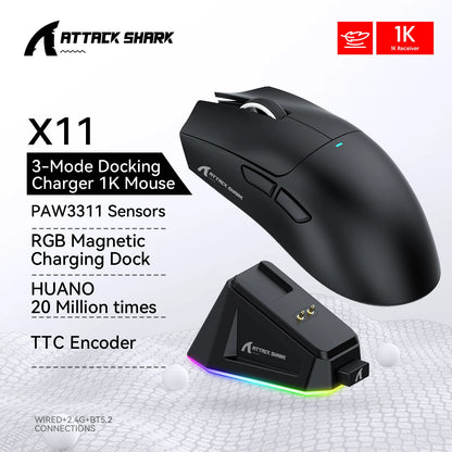 Attack Shark X11&R1 Wireless Gaming Mouse - Tri-Mode , PAW3311 Sensor,22K DPI, 400 IPS, RGB PC Gaming Mouse