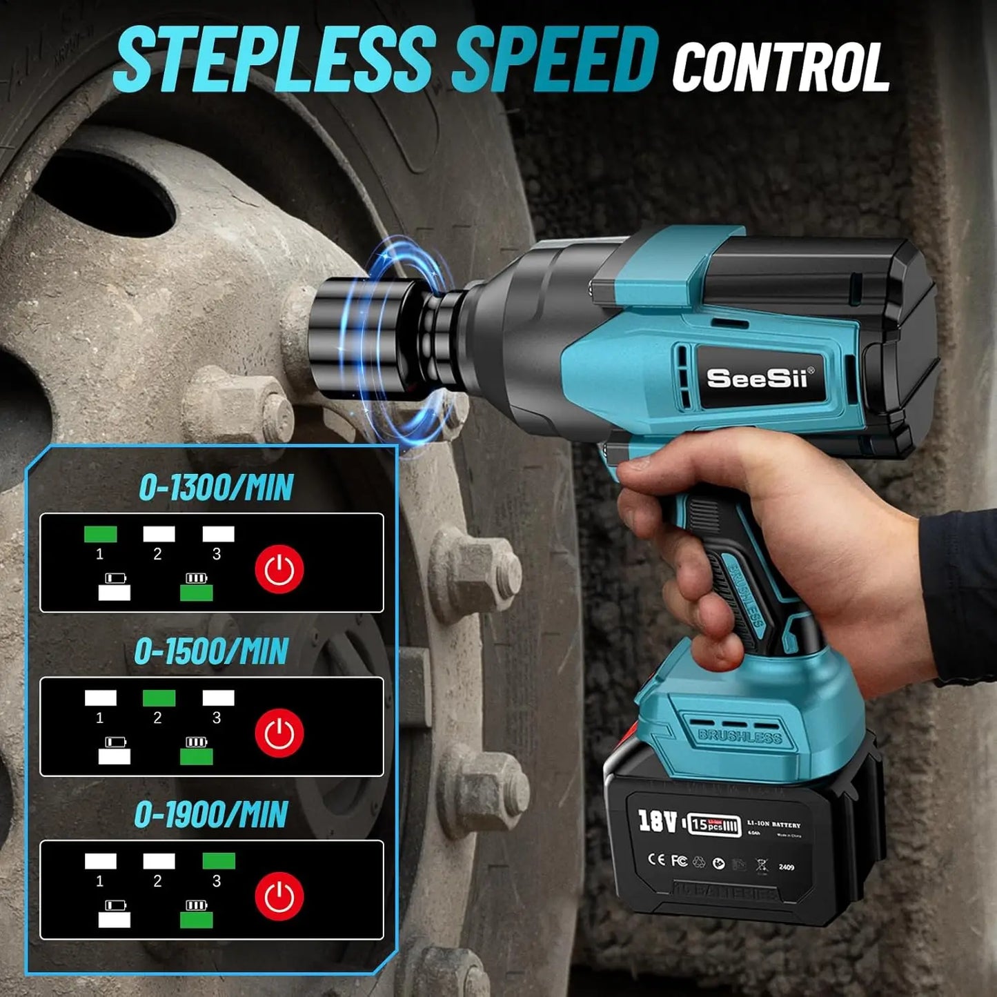 SEESII 2000Nm Electric Impact Wrench High Torque Brushless Cordless Power Impact Gun 3/4" Car Repair For Makita with 6.0Ah Battery