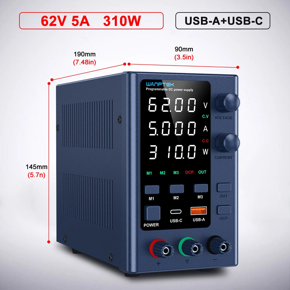 Wanptek Laboratory DC Power Supply 30V 10A 60V 5A 120V 3A with USB Fast Charging Adjustable Voltage Current Lab Power Supply