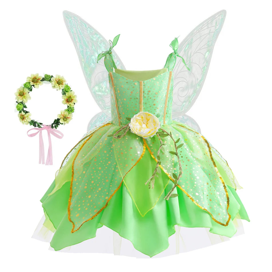 Girls Flower Fairy Dress – Kids Princess Costume with Wings, Halloween & Party Tinkerbell Dress