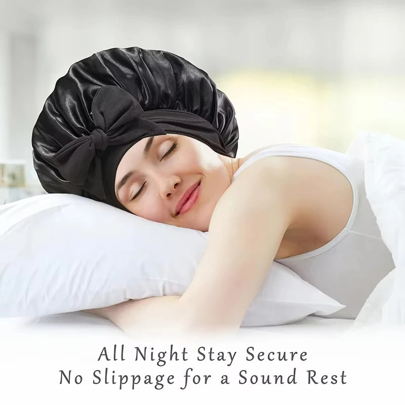 New Women Satin Solid Sleeping Hat Silky Bonnets With Tie Bands Elastic Shower Cap Adjustable Cap For Curly Hair Bonnets