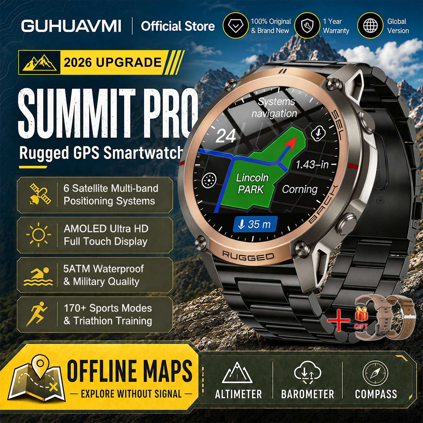 2026 Military Satellite Offline Map GPS Smart Watch Men 1.43''AMOLED Bluetooth Call Compass 5ATM Waterproof 170+Sport Smartwatch