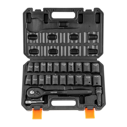 SucceBuy 23PCs 1/2" Drive Impact Socket Set Socket Set SAE (7/16" -1")& Metric (13-24mm) 6 Point Cr-V Alloy Steel Auto Repair