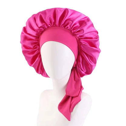 New Women Satin Solid Sleeping Hat Silky Bonnets With Tie Bands Elastic Shower Cap Adjustable Cap For Curly Hair Bonnets