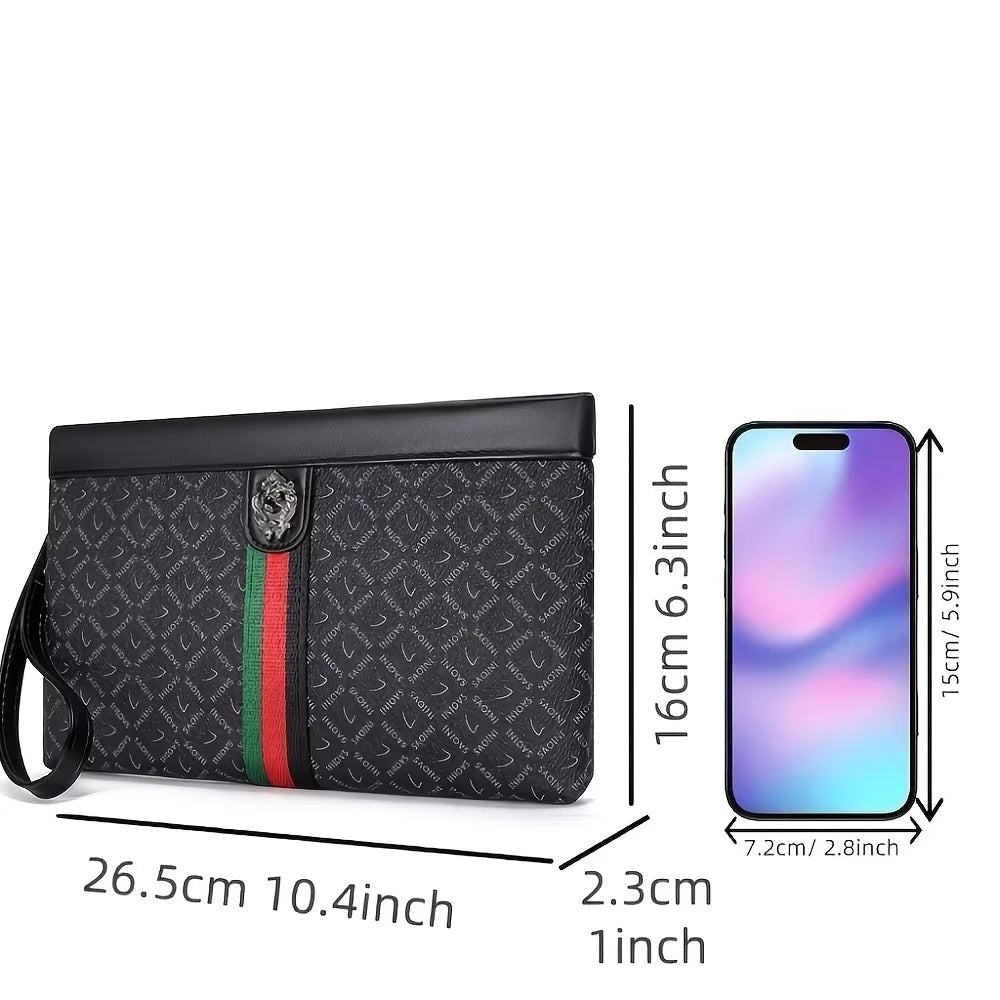 European and American Fashion High-End Men's Clutch Bag, Lion Head Metal Buckle Decorative Handbag for Business Casual Envelope