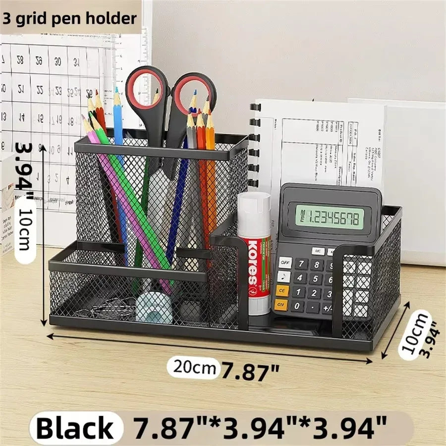 Mesh Desk Organizer Office Supplies Caddy with Pencil Holder and Storage Baskets for Desktop Accessories, 3 Compartments, Black - Urbizia