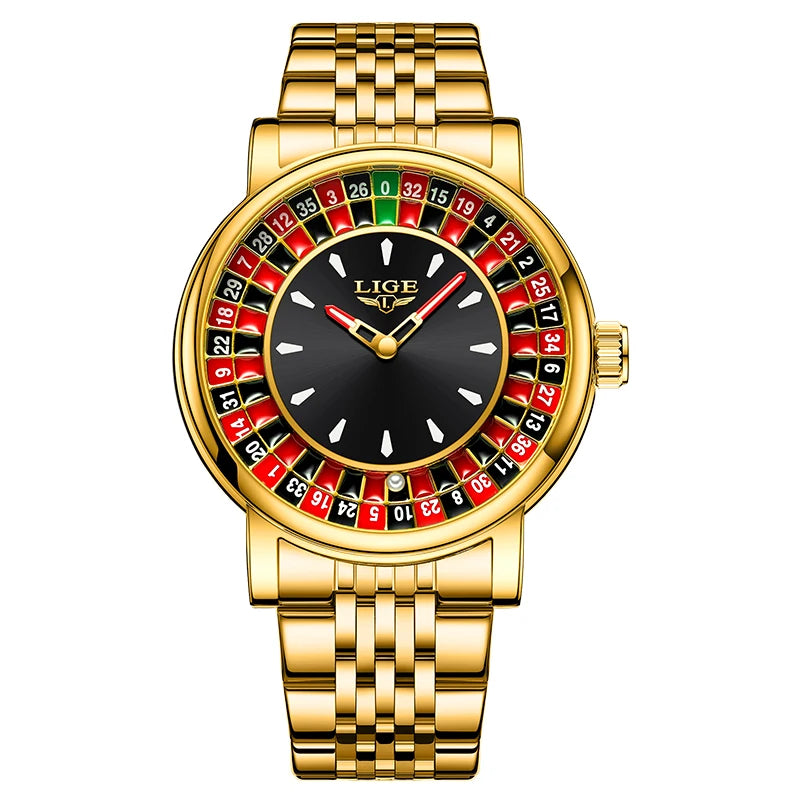 LIGE Fashion Men Watch Rotating Dial Las Vegas Roulette Desktop Theme Watch Men Waterproof Luminous Clock Watches Creative Clock