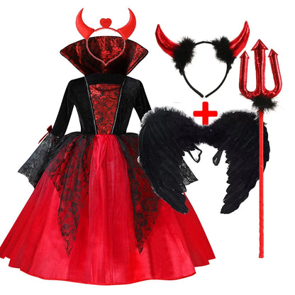 2025 Girls Cosplay Vampire Halloween Dress For Kids Ghost Bride Gothic Costume Count Vampiran Carnival Outfit Black Red Clothes