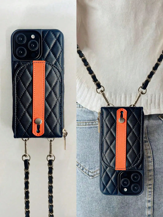 Luxury Lamb Print Half Round Patchwork Money Clip Wallet Fashion Phone Case with Seam Leather for iPhone 17/16/15/14/13/12/11
