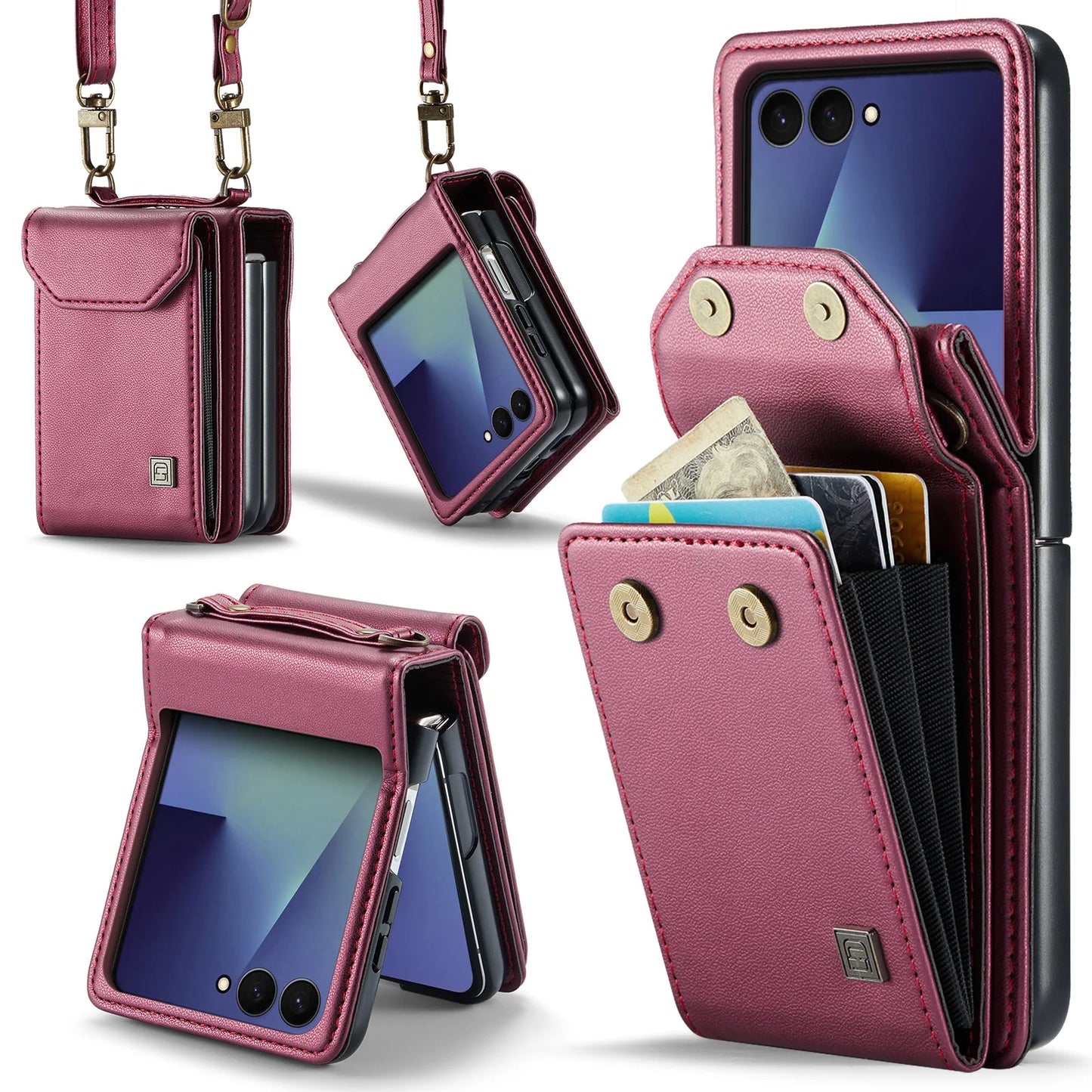 Premium Leather Wallet Card Slots Case for Samsung Galaxy Z Flip7 Flip6 Flip5 Flip7FE Lanyard Crossbody Fashion Protective Cover