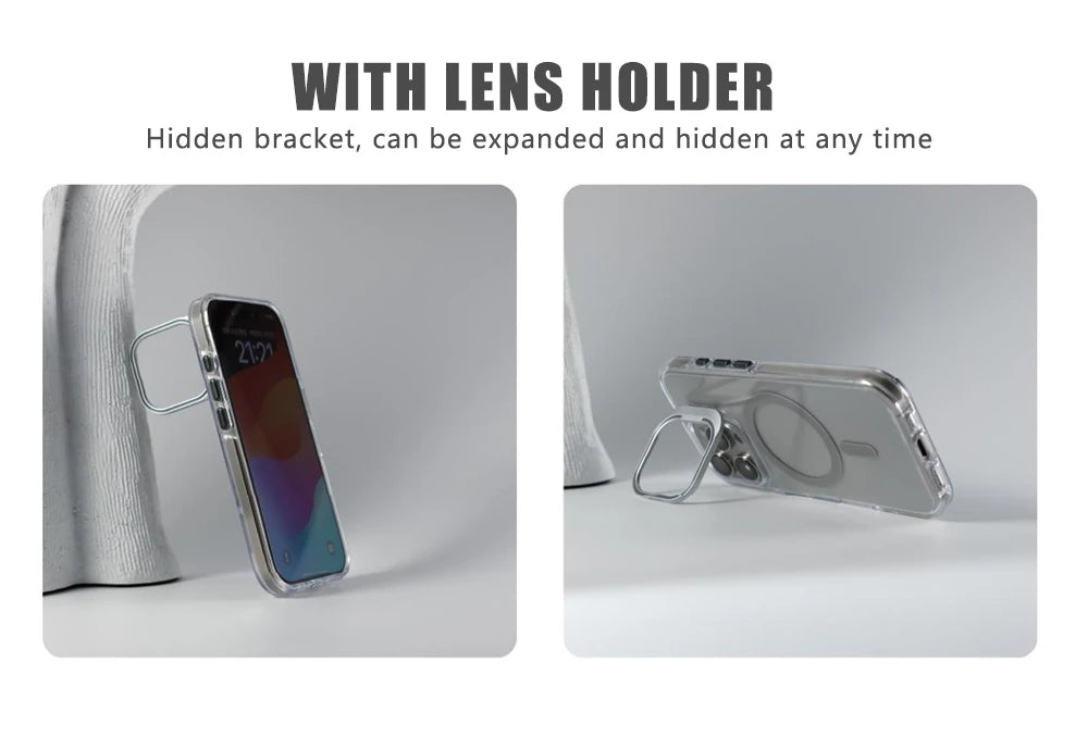Luxury Lens Holder Shockproof Magnetic Case For iPhone 16 15 14 Plus 13 12 17 Pro Max 17Air 16e Magsafe Fashion Clear Cover