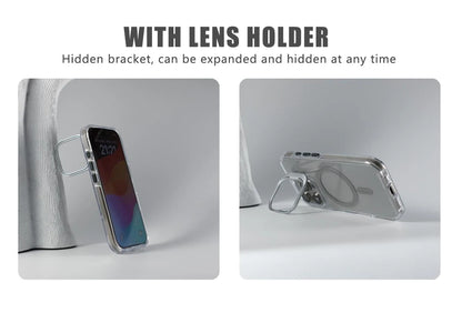 Luxury Lens Holder Shockproof Magnetic Case For iPhone 16 15 14 Plus 13 12 17 Pro Max 17Air 16e Magsafe Fashion Clear Cover