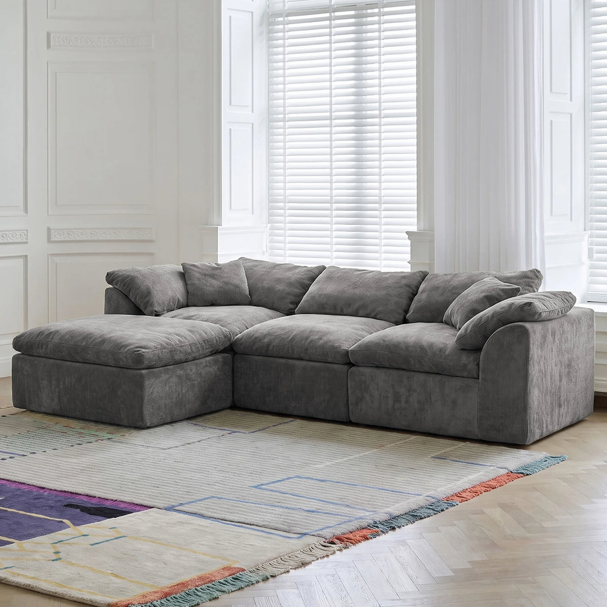 109" Modern Cloud L-Shaped 3-Seater Oversized Deep Seat Chenille Fabric Sofa White Modular Sectional with Ottoman