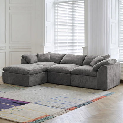109" Modern Cloud L-Shaped 3-Seater Oversized Deep Seat Chenille Fabric Sofa White Modular Sectional with Ottoman