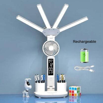 3 Color LED Table Lamp with Fan And Clock Four Headed Folding USB Charging Multifunction Desk Lamp for Reading Night Light - Urbizia