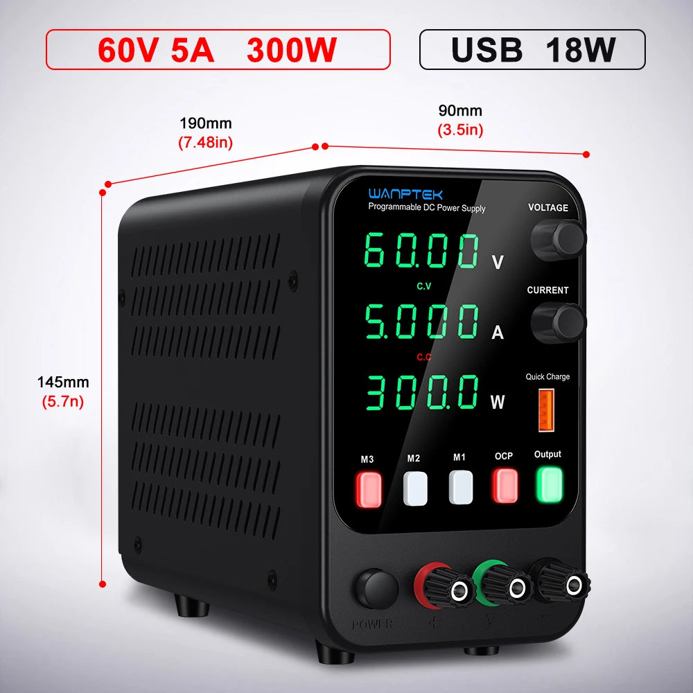 Wanptek Laboratory DC Power Supply 30V 10A 60V 5A 120V 3A with USB Fast Charging Adjustable Voltage Current Lab Power Supply