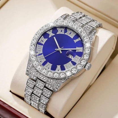 Luxury Full Diamond Men Calendar Quartz Watch Fashion Stainless Steel Band Male Quartz Wristwatches Date Clock Reloj Hombre
