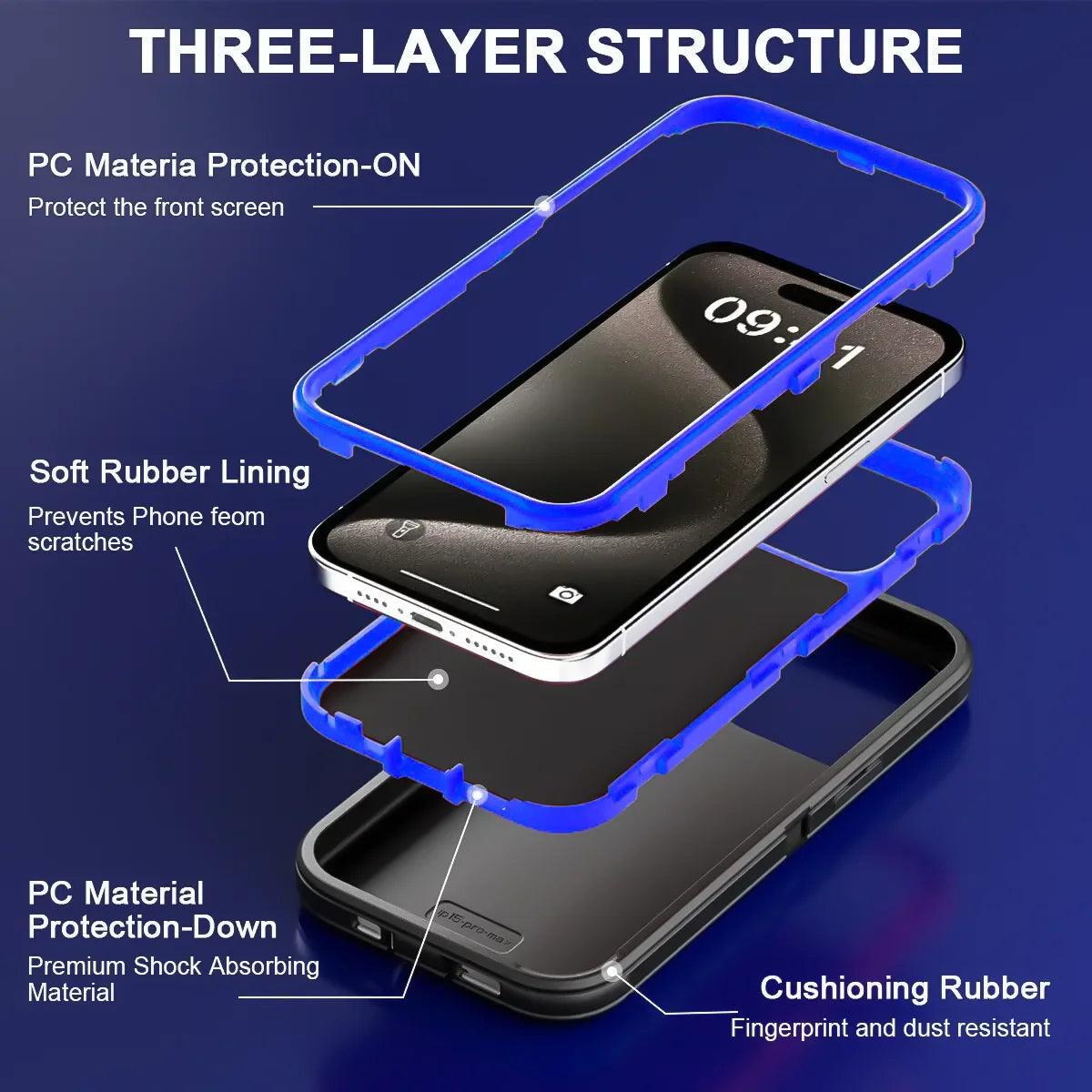 Shockproof Armor Defender Case for iPhone 11–17 with Stand – PC + TPU