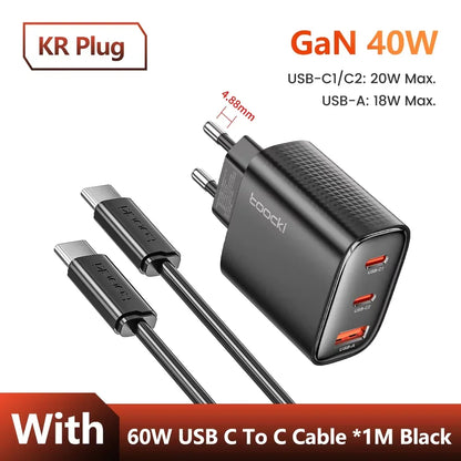 Toocki 40W GaN USB Charger Type C QC 4.0 Quick Charge Dual Type C Fast Phone Charger For iPhone 15 14 13 12 Pro Max Samsung S23
