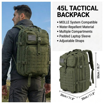 Men 45L Tactical Backpack Molle Bug Out Bag Survival Emergency Water Resistant Outdoor Hiking Camping Travel Rucksack Large Capacity EDC Everyday Carry Commuter Work School Laptop Daypack Trekking Cycling Durable Wear Resista