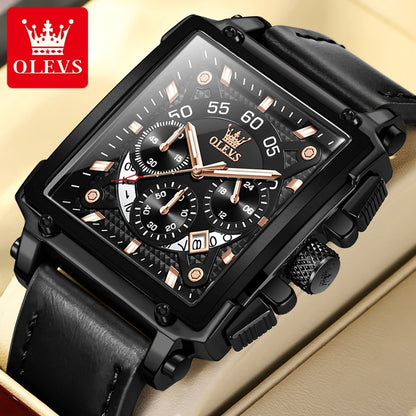 OLEVS 9919 Men Watch Original Brand Square Quartz Watch Waterproof Luminous Leather Strap Sport Clock Male Watch For Men