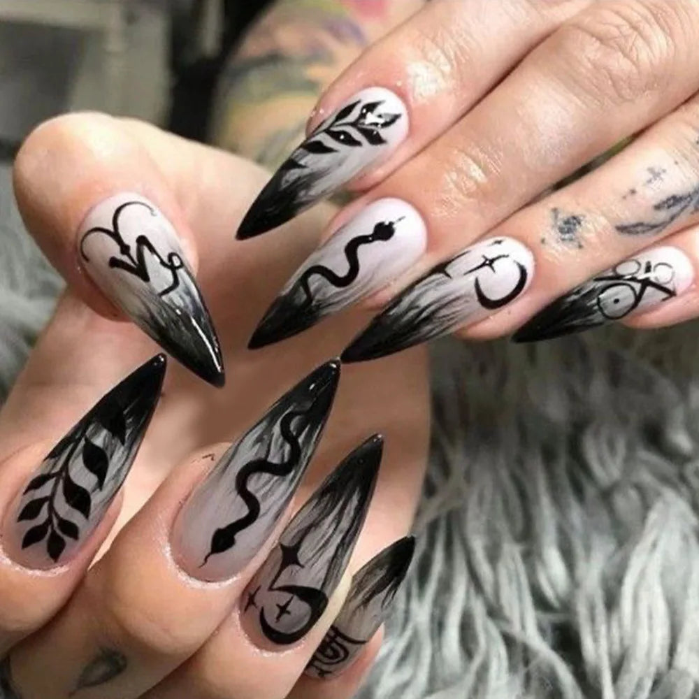 24pcs Blood Red Gradient Long Pointed Fake Nails – Full Cover Halloween Press-On Nail Tips