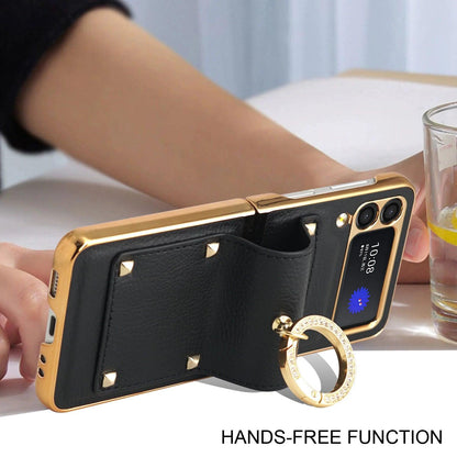 Z Flip6 Flip4 Flip5 plating PC Ring Holder Orange Leather mobile phone case for samsung galaxy Z Flip 7 5 Z flip4 5 cover case