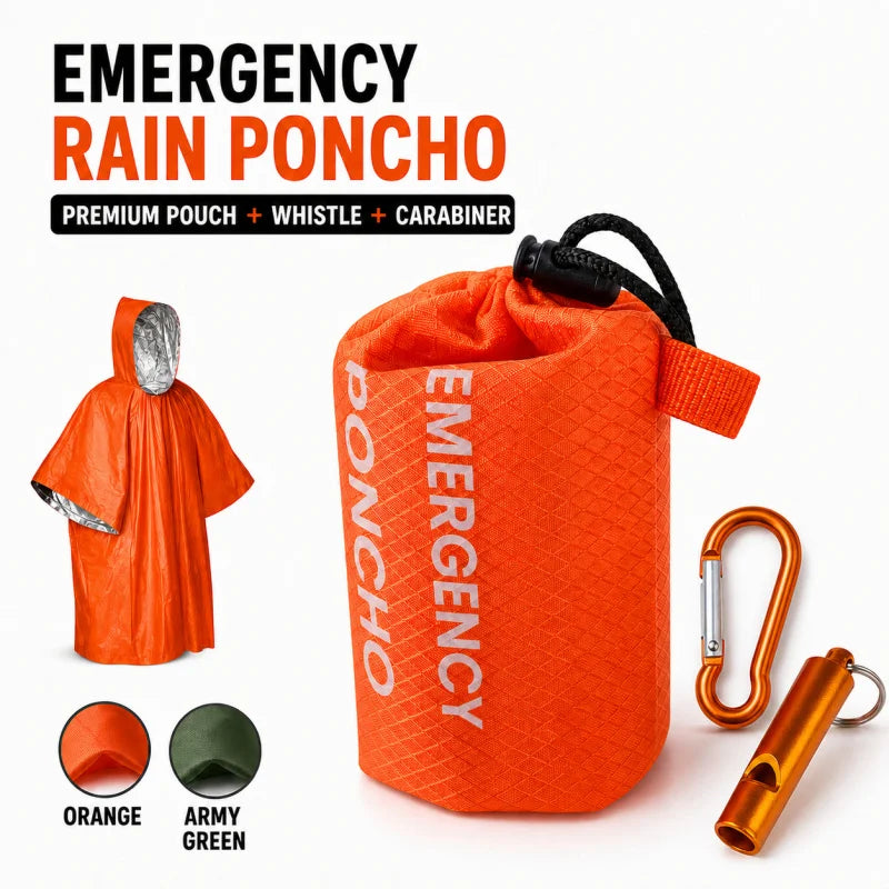Emergency Rain Poncho Kit Waterproof Hooded Raincoat Portable Rain Cover With Pouch Whistle Carabiner For Camping Hiking