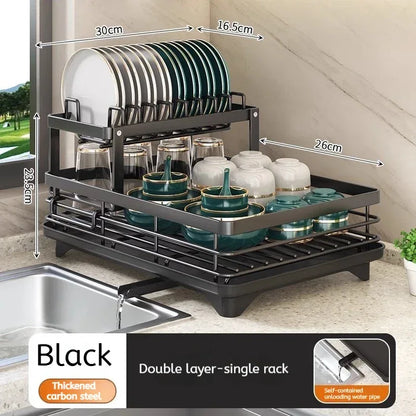 2-Tier Adjustable Steel Kitchen Dish Drying Rack with Drain Tray