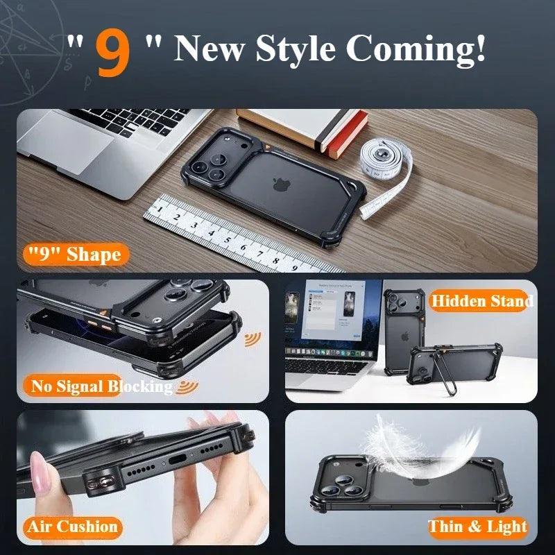 Eary 9-Shaped Phone Case for iPhone 17 Pro Max 17 Pro for Magsafe With Lens Holder Stand Metal Frameless Bumper Anti-Drop Shells
