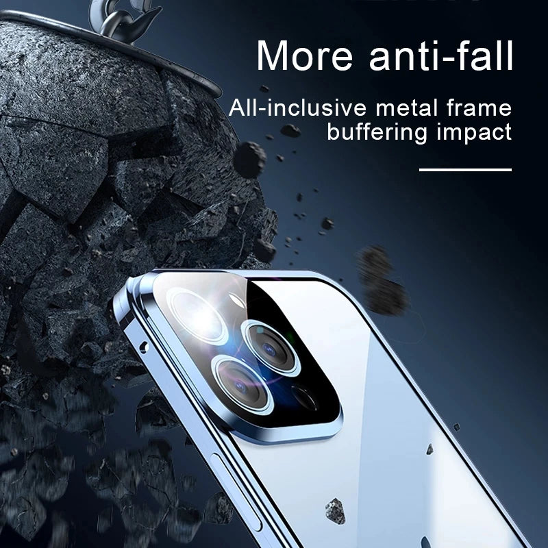 360°Full Protection Metal Magnetic Double-Sided Glass Lock Buckle Phone Case For iPhone 16 Pro Max 14 12 13 11 15 Pro Max Cover