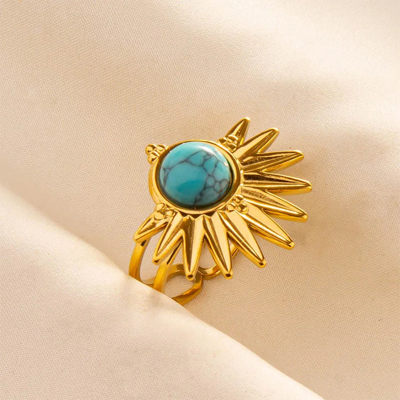 Turquoise Finger Jewelry Long Oval Sun Heart Water Drop Stainless Steel Rings For Women Men Accessories Gold Plated Open Anillos