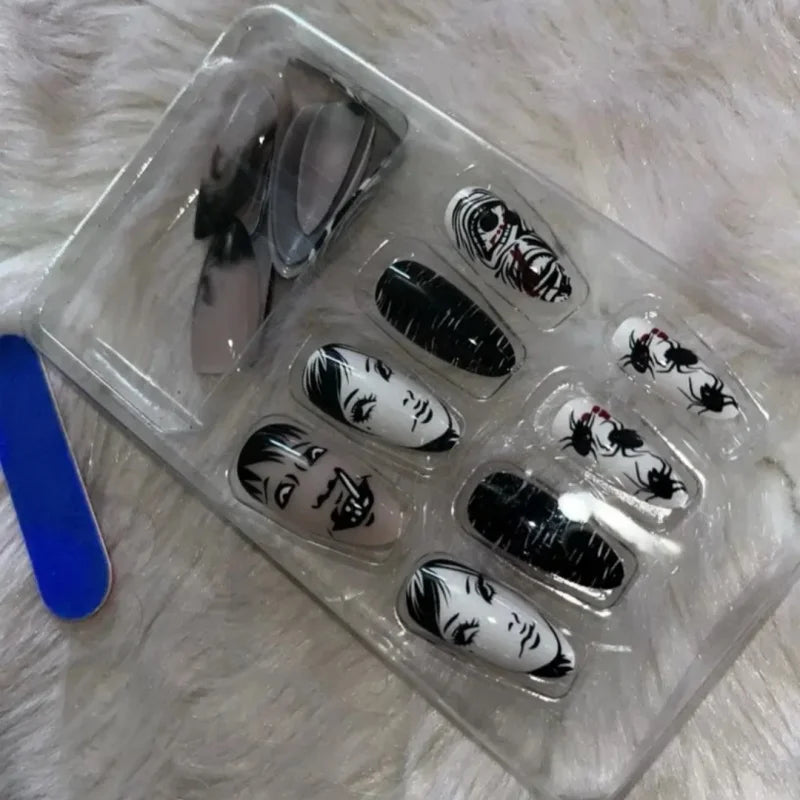 24Pcs Horror Comic Tomie Press on Nails – Almond Glossy Black Japanese Anime Nails, Reusable Halloween False Nail Tips