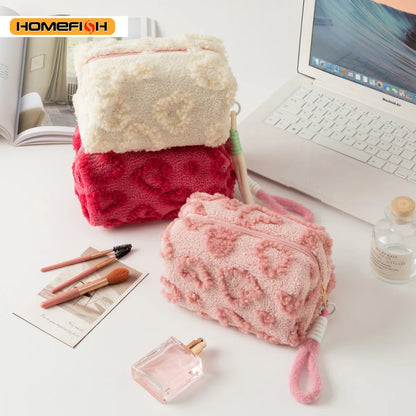 HOMEFISH Makeup Bags with Handle Soft Travel Cosmetic Storage Bag Portable Love Print Organizer Pencil Case Cute Clutch Pouch