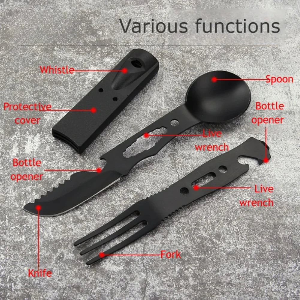 Portable Multifunctional Stainless Steel Camping Tool Set,Outdoor Tableware Kit With Spoon Fork AndWhistleForHiking PicnicTravel