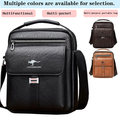 Men Multifunctional Leather Shoulder Bag Multi Pocket Crossbody Messenger Bag Business Travel Handbag with Top Handle Black