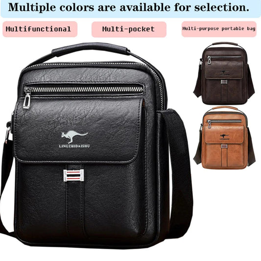 Men Multifunctional Leather Shoulder Bag Multi Pocket Crossbody Messenger Bag Business Travel Handbag with Top Handle Black