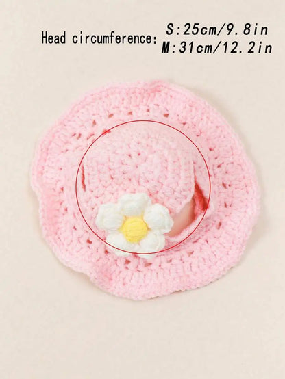 Knitted Pet Hat with Floral Trim for Cats and Small Dogs