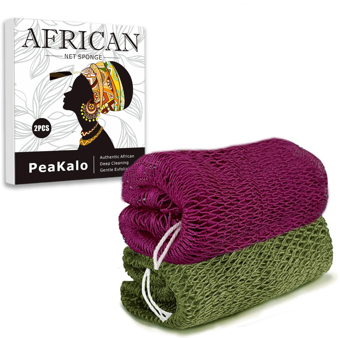 PeaKalo Authentic African Net Sponge-2Pcs Exfoliating Bath Shower Loofah Sponge, Gentle Back Scrubber for All Skin Types,Durable