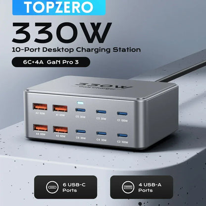 330W USB C GaN Charger 100W PD3.0 PPS QC3.0 Multiport Fast Charging Station For Laptop iPhone 15 16 Samsung Macbook Pro Tablet - Urbizia