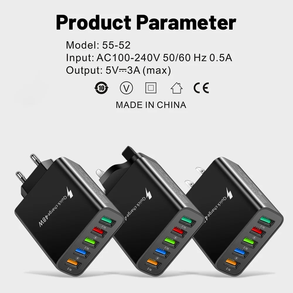 48W USB Charger Fast Charging QC3.0 Wall Charger Adapter For iPhone 14 13 Samsung Xiaomi Mobile Phone Charger 5 Ports EU US Plug